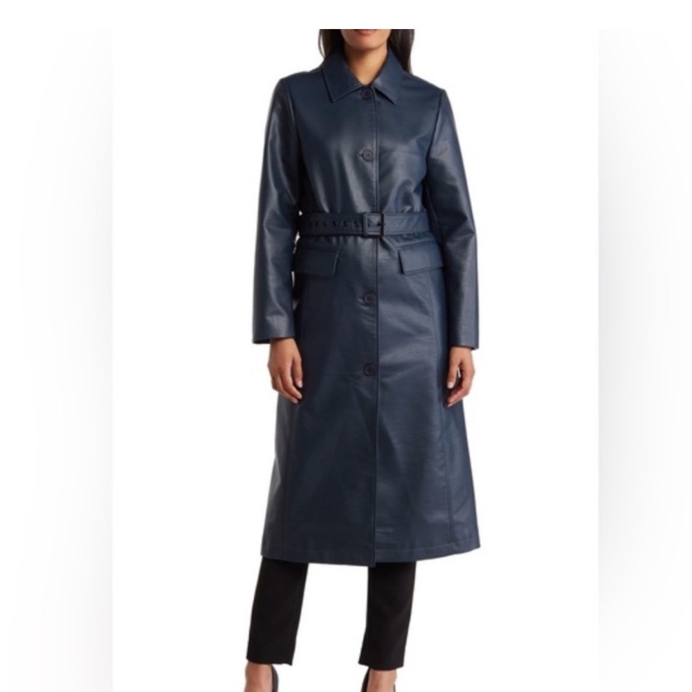 Rebecca Minkoff Navy Faux Leather Long Belted Trench Coat Size Medium
